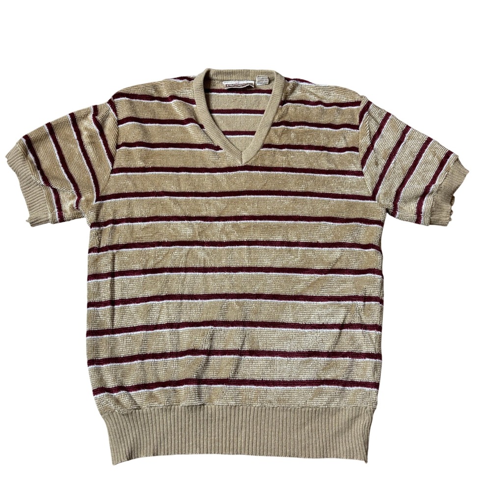 L'Avion Vintage Striped V-Neck Short Sleeve Knit Sweater Tan Burgundy Mens L